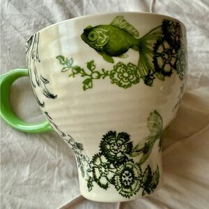Anthropologie Menagerie Green Floral Fish Pedestal Coffee/Tea Mug